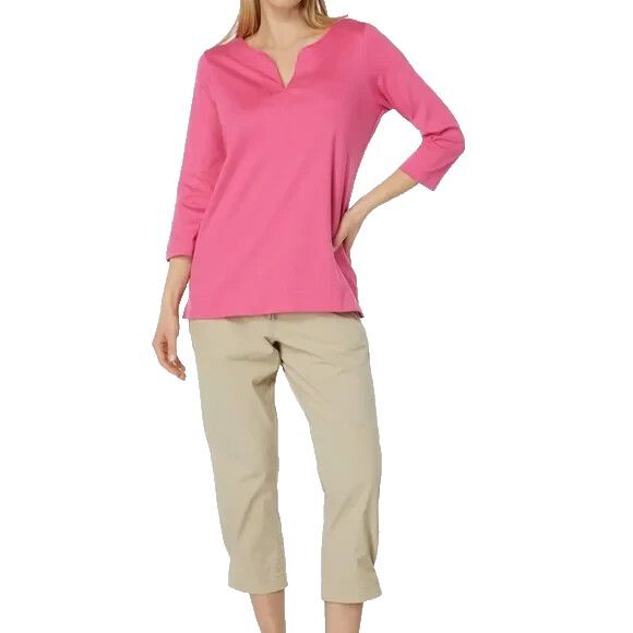 LL Bean Supima Cotton Three-Quarter-Sleeve Splitneck Top Pink Size Large - Picture 1 of 12